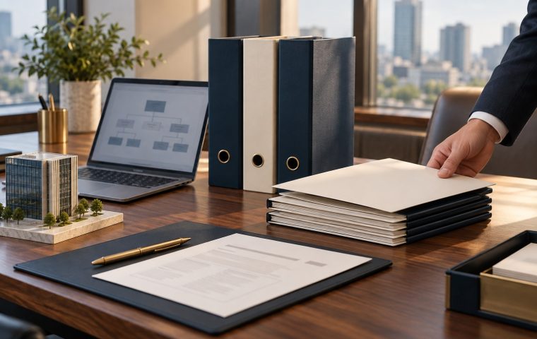 Penyusunan berkas badan usaha dengan folder perusahaan dan gambaran struktur organisasi.